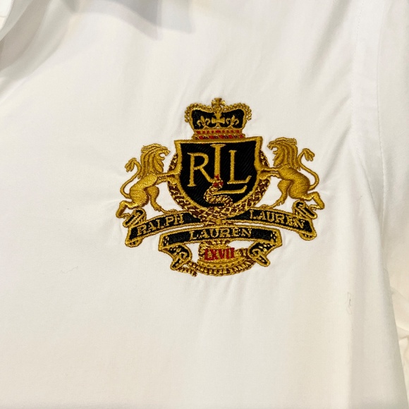 EUC Women's Lauren Ralph Lauren White Button Up Shirt Top Blouse w/ Crest MEDIUM - Picture 2 of 3